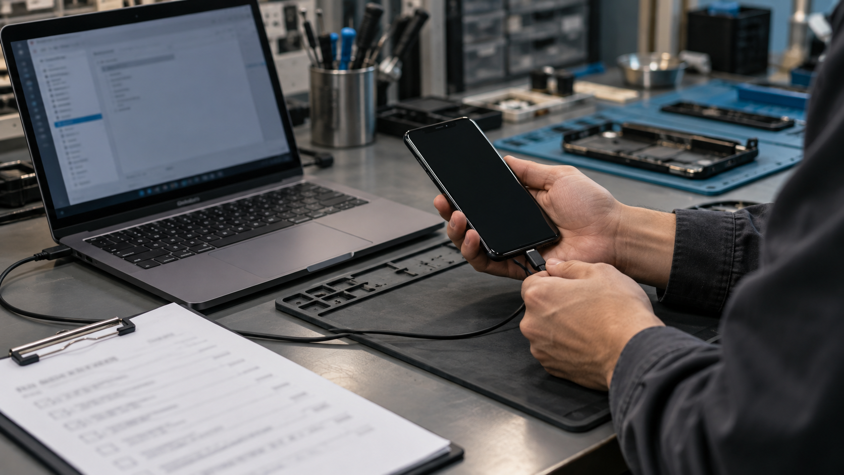 Technician hands checking a connected Android phone at a repair bench