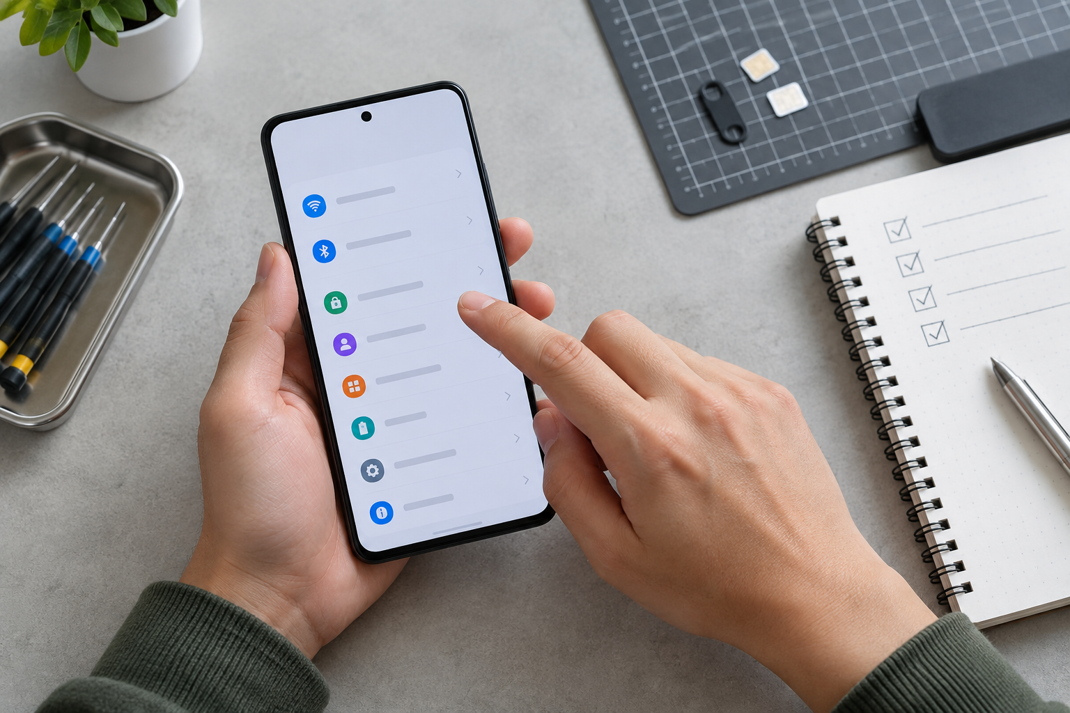 Hands configuring privacy settings on an Android phone at a workbench