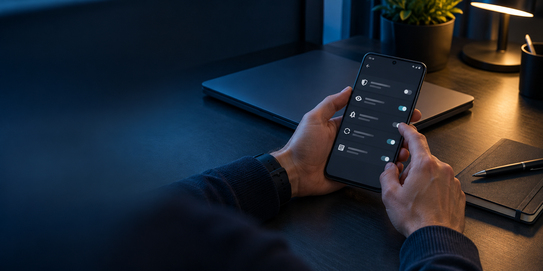 Hands reviewing privacy controls on an Android phone beside a closed laptop