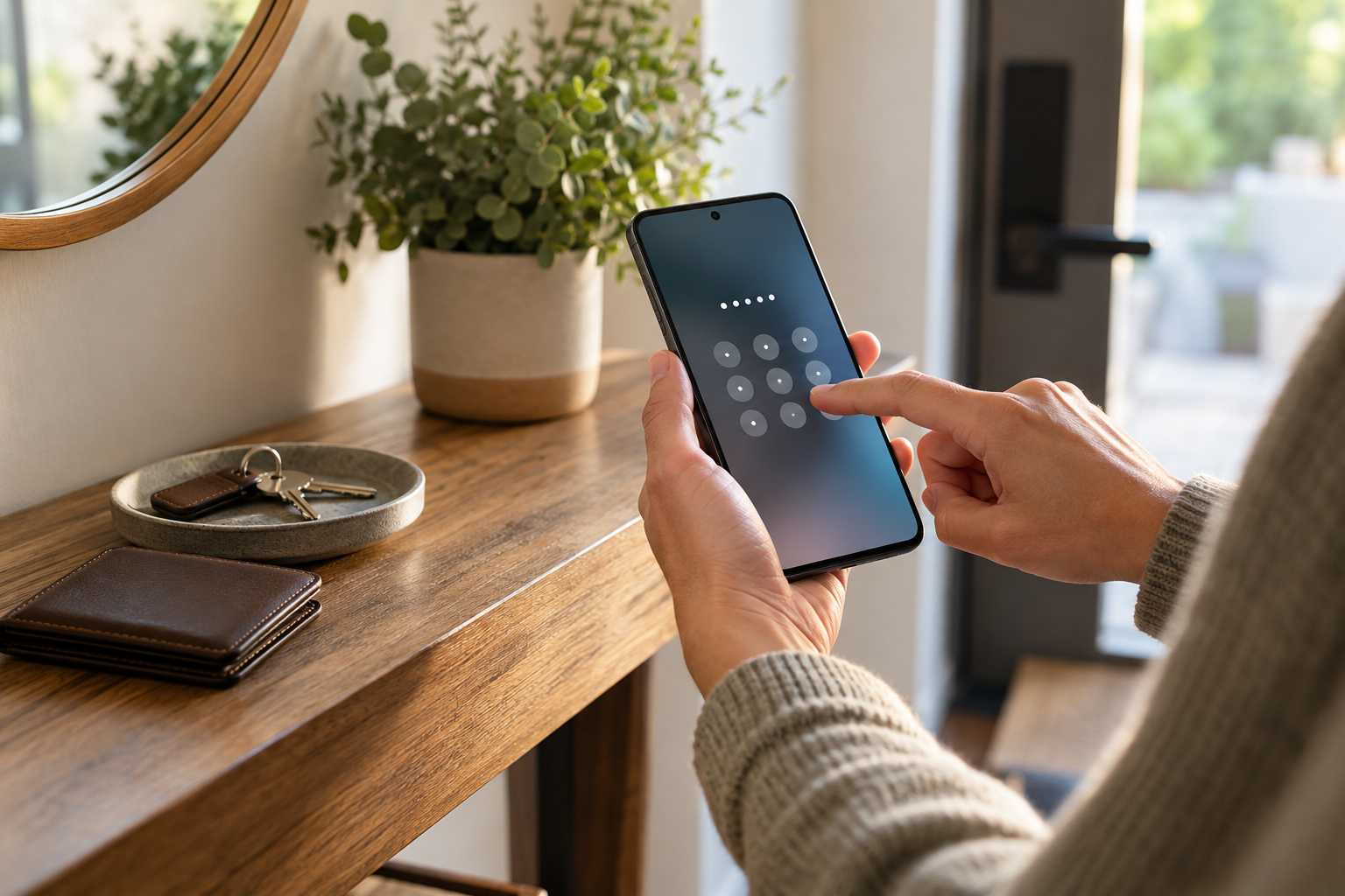 Hands testing an app entry passcode beside everyday personal items