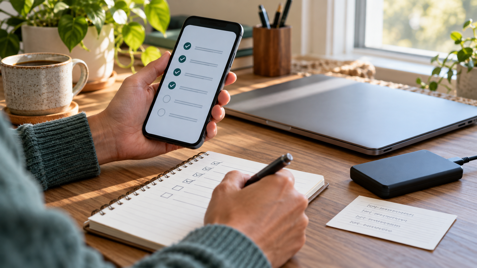 Hands reviewing a recovery checklist beside a phone and backup drive
