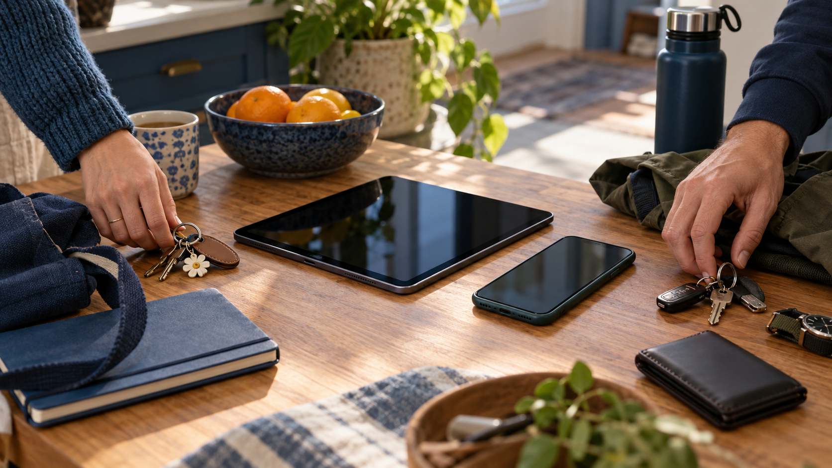 Two people organizing shared devices and personal belongings on a kitchen table