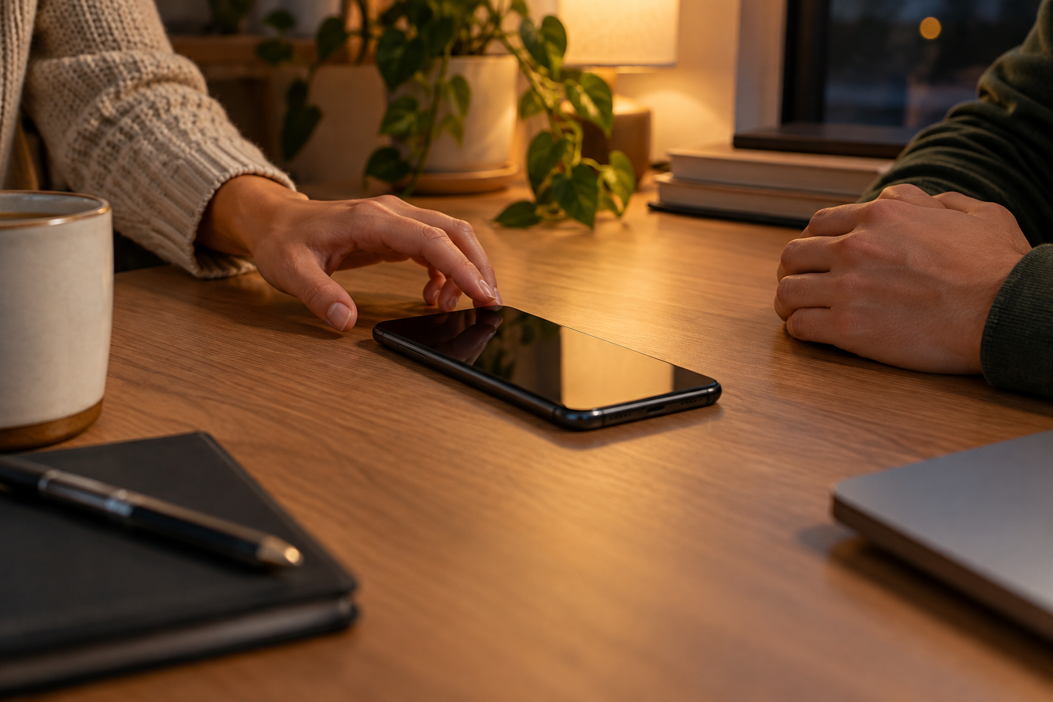 Two people managing access around a shared phone without showing their faces